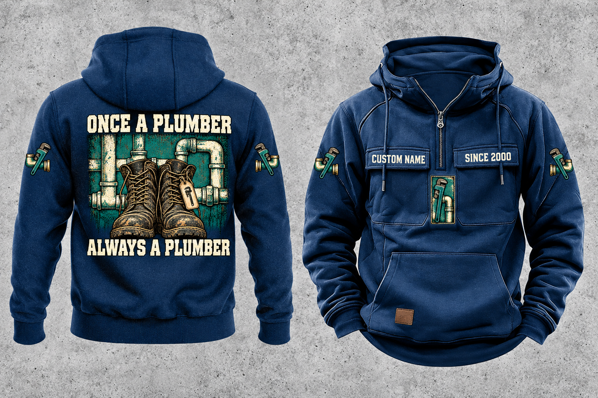 Plumber Once and Always Vintage Hoodie in Dark Blue, front and back views with sample text CUSTOM NAME and SINCE 2000.
