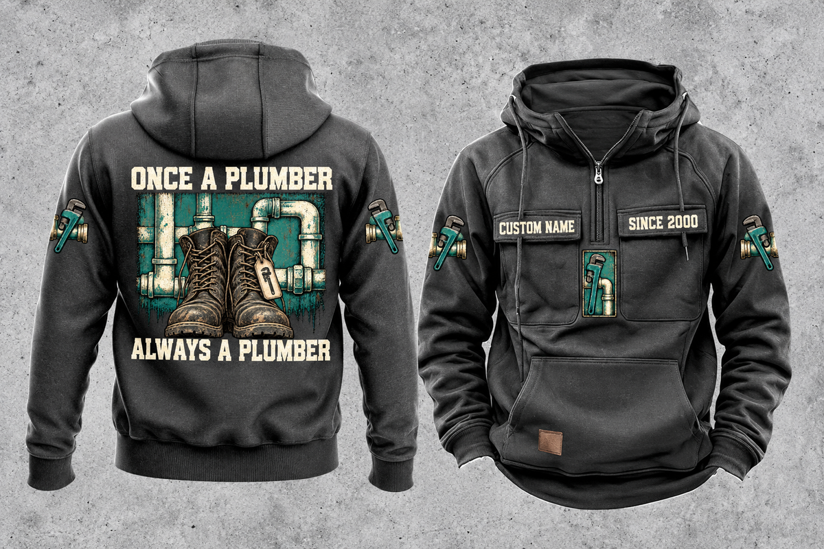 Plumber Once and Always Vintage Hoodie in Dark Gray, front and back views with sample text CUSTOM NAME and SINCE 2000.