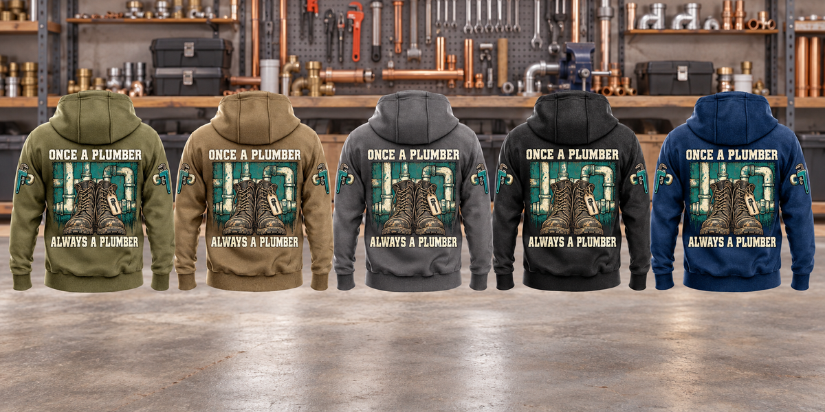 Plumber Once and Always Vintage Hoodies in Military Green, Kaki, Dark Gray, Black and Dark Blue, showing five complete separated back views with teal-and-cream boots and pipework artwork in an organized plumbing workshop.