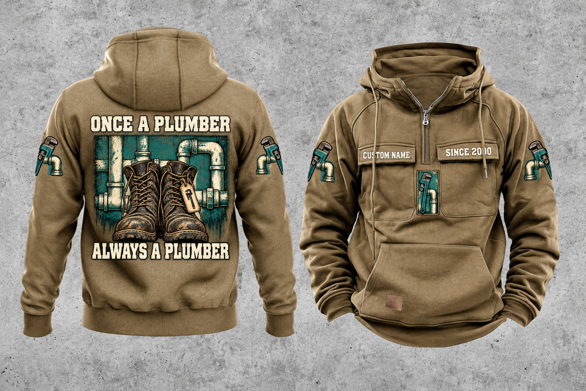 Plumber Once and Always Vintage Hoodie in Kaki, front and back views with sample text CUSTOM NAME and SINCE 2000.
