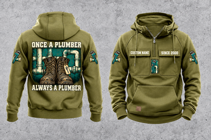 Plumber Once and Always Vintage Hoodie in Military Green, front and back views with sample text CUSTOM NAME and SINCE 2000.