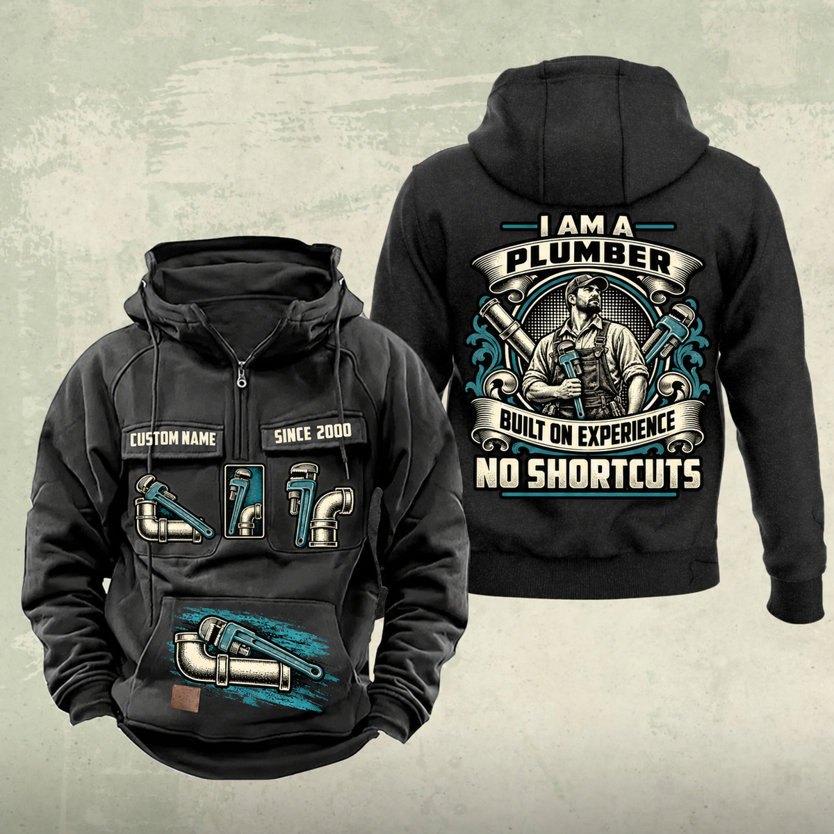 Plumber Heritage Crest Vintage Hoodie in Black, front and back views with cream and muted teal plumbing artwork and sample chest text CUSTOM NAME and SINCE 2000.