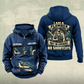 Plumber Heritage Crest Vintage Hoodie in Dark Blue, front and back views with cream and muted teal plumbing artwork and sample chest text CUSTOM NAME and SINCE 2000.