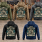 Plumber Heritage Crest Vintage Hoodies in Military Green, Kaki, Dark Gray, Black and Dark Blue, five complete back views arranged in a plumbing workshop with disconnected fittings and tools at rest.