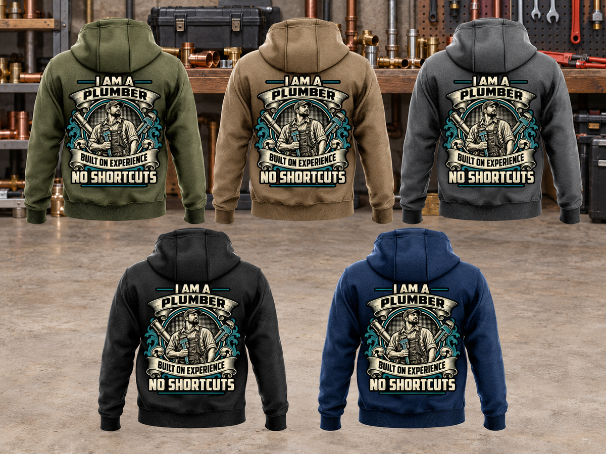 Plumber Heritage Crest Vintage Hoodies in Military Green, Kaki, Dark Gray, Black and Dark Blue, five complete back views arranged in a plumbing workshop with disconnected fittings and tools at rest.
