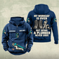 Plumber Never Ends Vintage Hoodie in Dark Blue, front and back views with work boots, pipe wrench and fittings artwork, and sample chest text CUSTOM NAME and SINCE 2000.