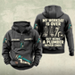 Plumber Never Ends Vintage Hoodie in Dark Gray, front and back views with work boots, pipe wrench and fittings artwork, and sample chest text CUSTOM NAME and SINCE 2000.