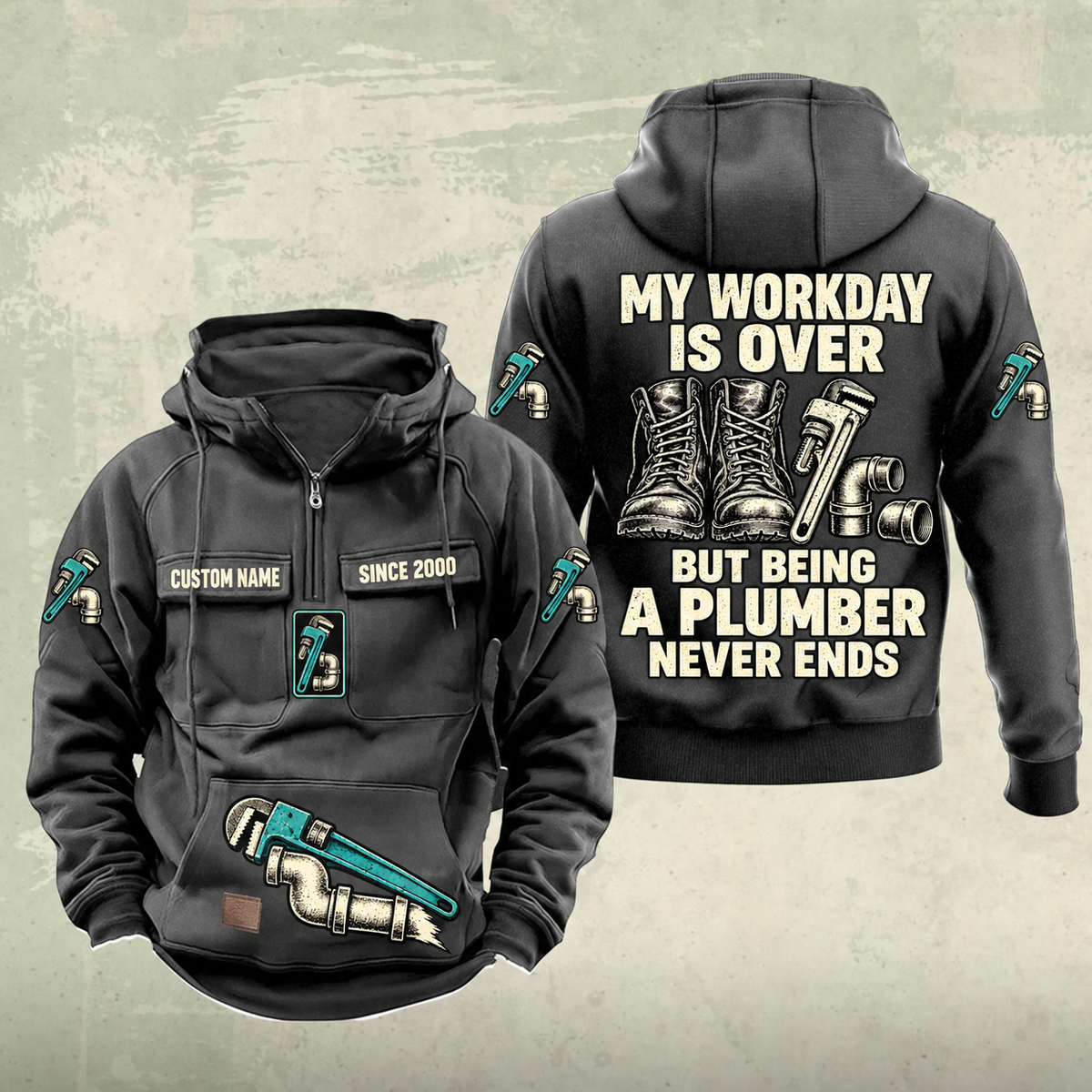 Plumber Never Ends Vintage Hoodie in Dark Gray, front and back views with work boots, pipe wrench and fittings artwork, and sample chest text CUSTOM NAME and SINCE 2000.