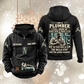 Plumber Skills and Pride Vintage Hoodie in Black, front and back views with sample chest text CUSTOM NAME and SINCE 2000, pipe-wrench motifs and portrait statement artwork.