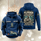 Plumber Skills and Pride Vintage Hoodie in Dark Blue, front and back views with sample chest text CUSTOM NAME and SINCE 2000, pipe-wrench motifs and portrait statement artwork.