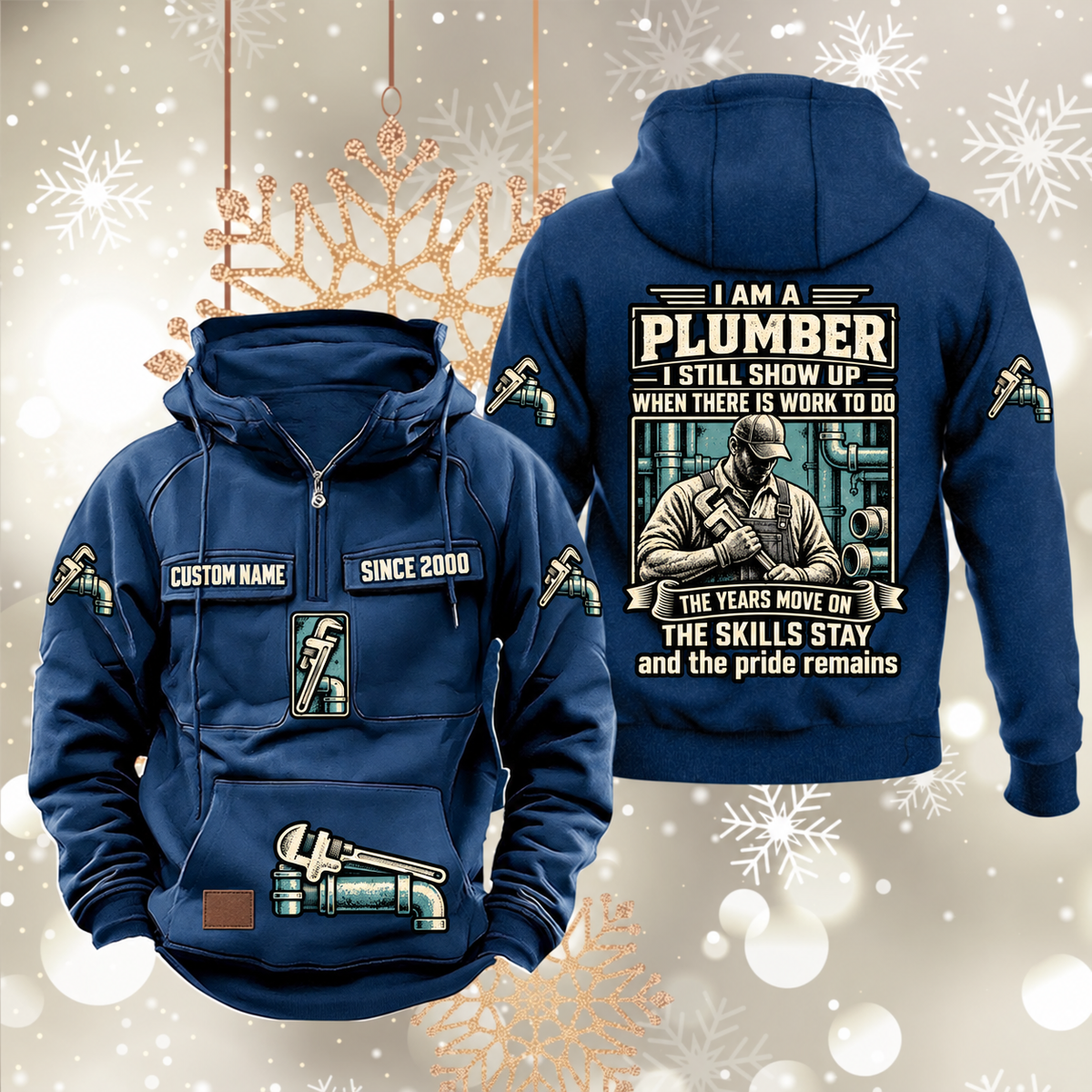 Plumber Skills and Pride Vintage Hoodie in Dark Blue, front and back views with sample chest text CUSTOM NAME and SINCE 2000, pipe-wrench motifs and portrait statement artwork.