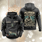 Plumber Skills and Pride Vintage Hoodie in Dark Gray, front and back views with sample chest text CUSTOM NAME and SINCE 2000, pipe-wrench motifs and portrait statement artwork.