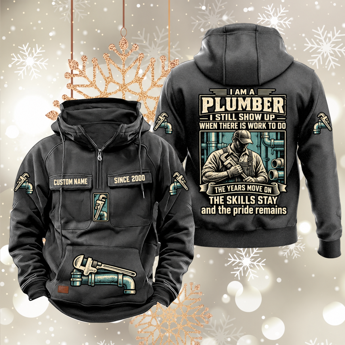 Plumber Skills and Pride Vintage Hoodie in Dark Gray, front and back views with sample chest text CUSTOM NAME and SINCE 2000, pipe-wrench motifs and portrait statement artwork.
