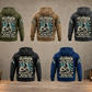 Five complete back views of the Plumber Skills and Pride Vintage Hoodie in Military Green, Kaki, Dark Gray, Black and Dark Blue, arranged in an organized plumbing workshop with disconnected fittings and resting tools.