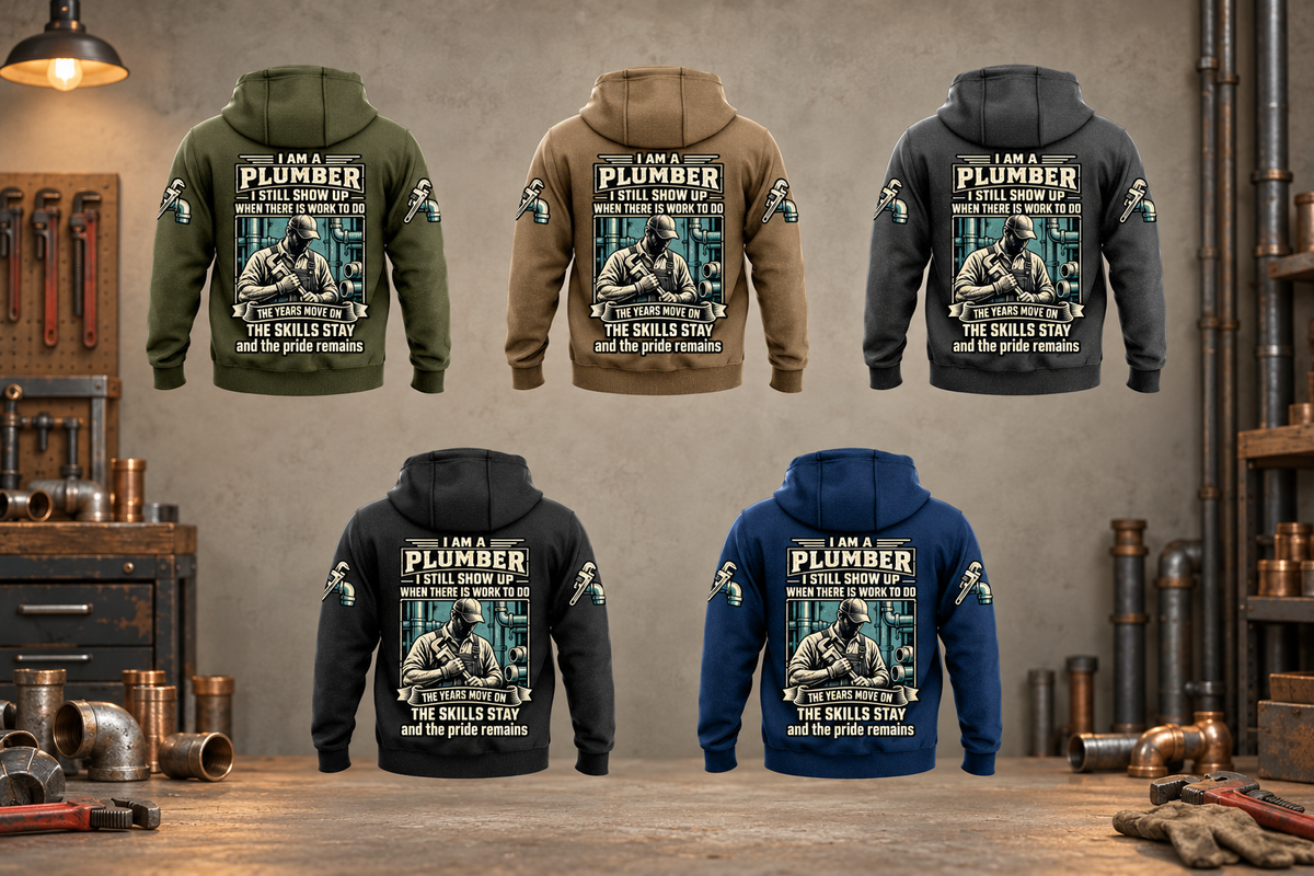Five complete back views of the Plumber Skills and Pride Vintage Hoodie in Military Green, Kaki, Dark Gray, Black and Dark Blue, arranged in an organized plumbing workshop with disconnected fittings and resting tools.