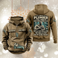 Plumber Skills and Pride Vintage Hoodie in Kaki, front and back views with sample chest text CUSTOM NAME and SINCE 2000, pipe-wrench motifs and portrait statement artwork.