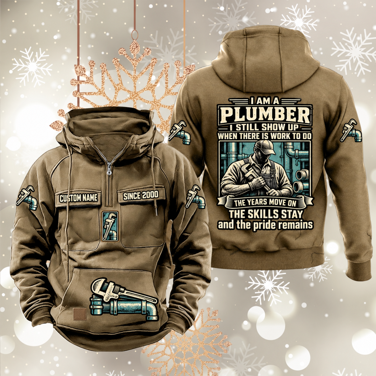 Plumber Skills and Pride Vintage Hoodie in Kaki, front and back views with sample chest text CUSTOM NAME and SINCE 2000, pipe-wrench motifs and portrait statement artwork.