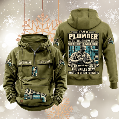 Plumber Skills and Pride Vintage Hoodie in Military Green, front and back views with sample chest text CUSTOM NAME and SINCE 2000, pipe-wrench motifs and portrait statement artwork.