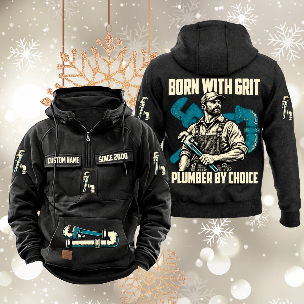 Plumber By Choice Vintage Hoodie in Black, front and back views with sample text CUSTOM NAME and SINCE 2000, plumber portrait and pipe-wrench artwork.