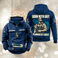 Plumber By Choice Vintage Hoodie in Dark Blue, front and back views with sample text CUSTOM NAME and SINCE 2000, plumber portrait and pipe-wrench artwork.