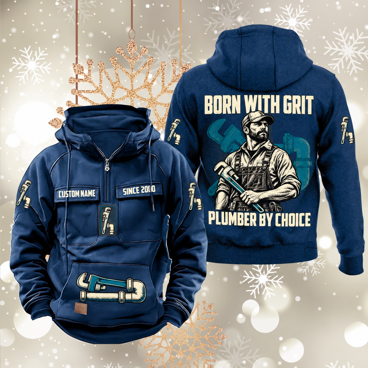 Plumber By Choice Vintage Hoodie in Dark Blue, front and back views with sample text CUSTOM NAME and SINCE 2000, plumber portrait and pipe-wrench artwork.