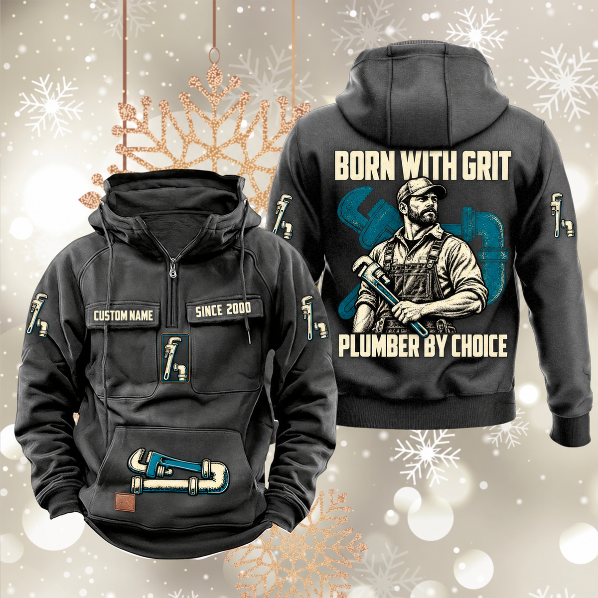 Plumber By Choice Vintage Hoodie in Dark Gray, front and back views with sample text CUSTOM NAME and SINCE 2000, plumber portrait and pipe-wrench artwork.