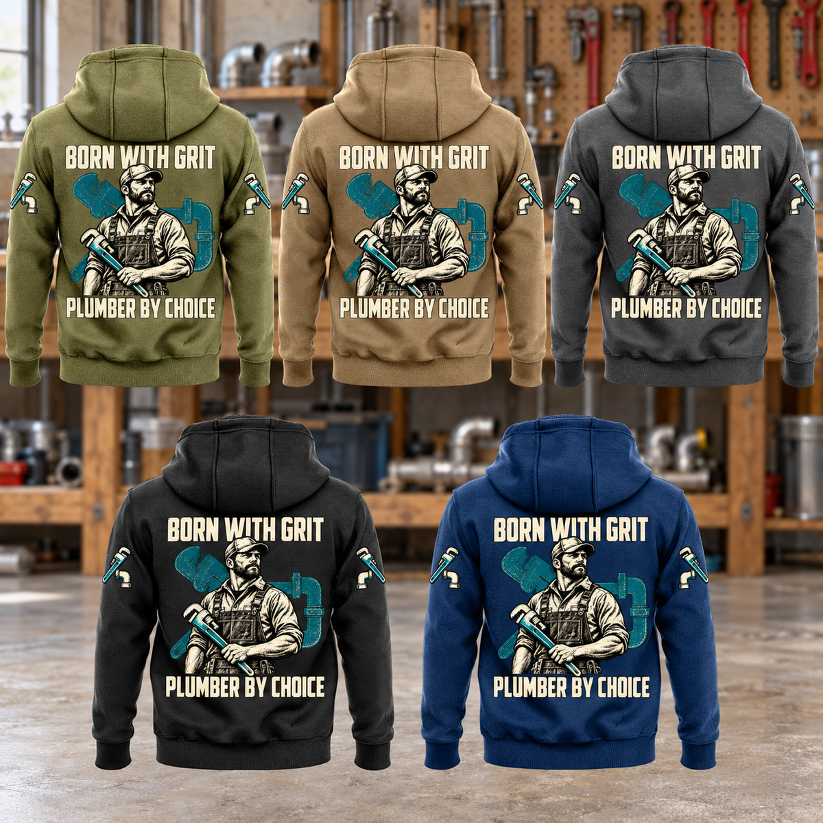 Five complete back views of the Plumber By Choice Vintage Hoodie in Military Green, Kaki, Dark Gray, Black and Dark Blue, with BORN WITH GRIT and PLUMBER BY CHOICE portrait artwork, against an organized plumbing workshop.