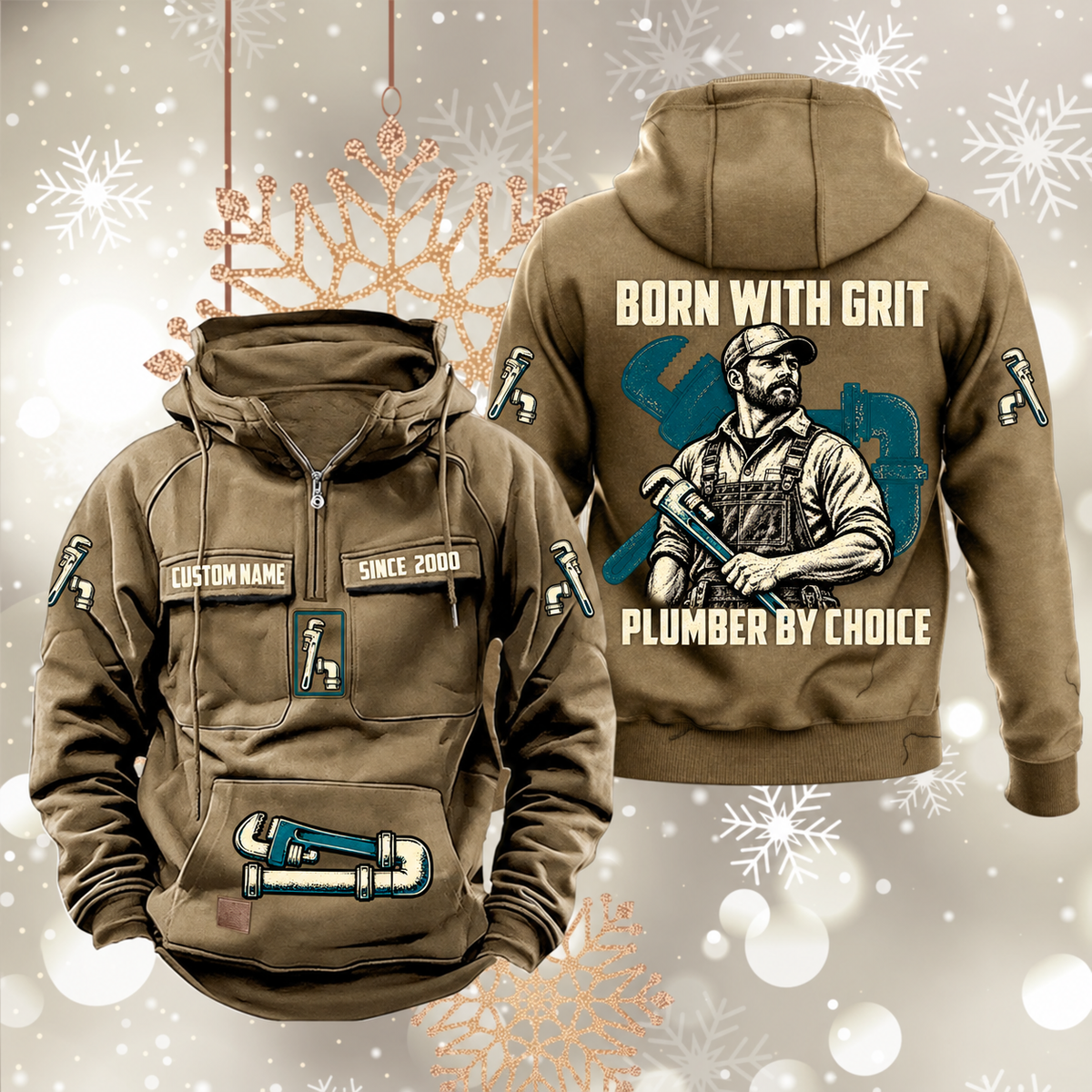 Plumber By Choice Vintage Hoodie in Kaki, front and back views with sample text CUSTOM NAME and SINCE 2000, plumber portrait and pipe-wrench artwork.