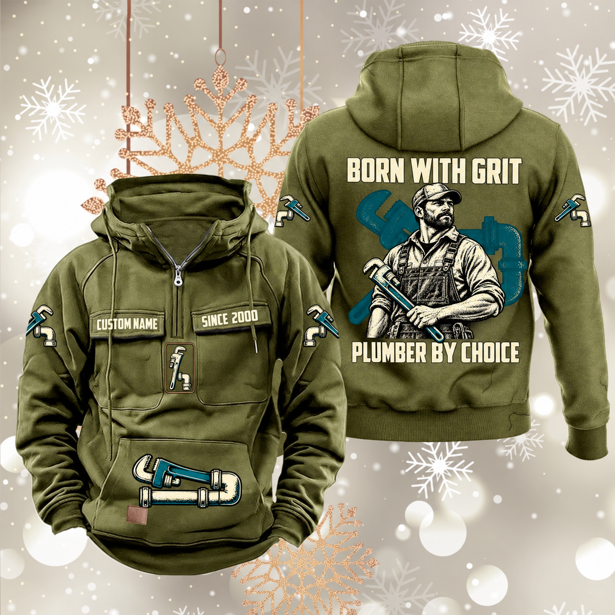 Plumber By Choice Vintage Hoodie in Military Green, front and back views with sample text CUSTOM NAME and SINCE 2000, plumber portrait and pipe-wrench artwork.