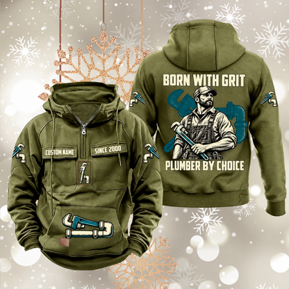 Plumber By Choice Vintage Hoodie in Military Green, front and back views with sample text CUSTOM NAME and SINCE 2000, plumber portrait and pipe-wrench artwork.