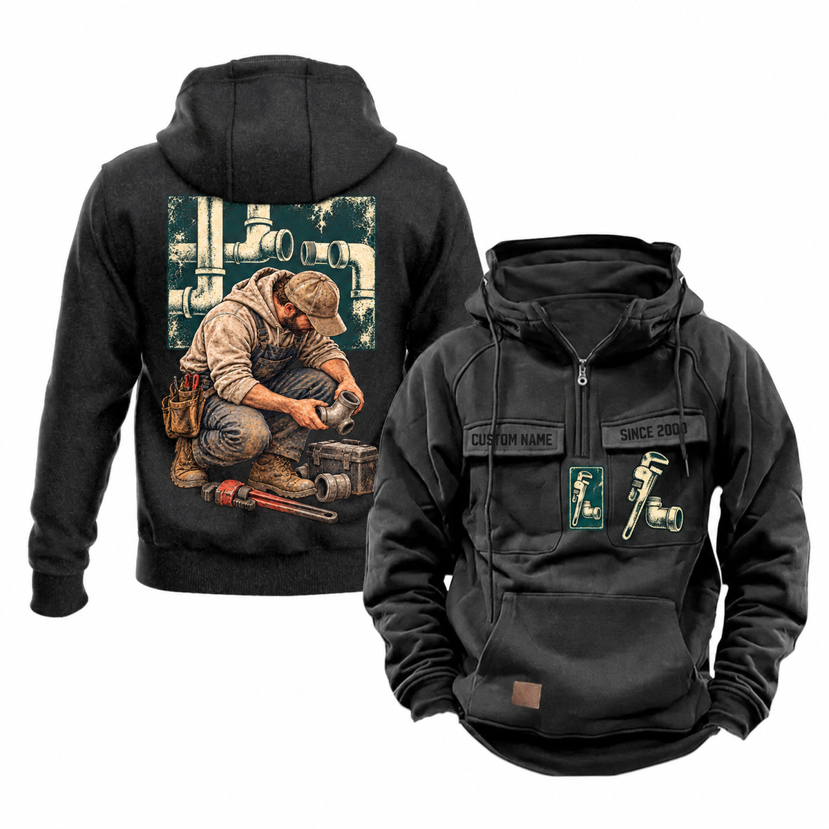 Plumber Ready Every Day Portrait Vintage Hoodie in Black, front and back views with sample text CUSTOM NAME and SINCE 2000, chest tool emblems and kneeling plumber back artwork.