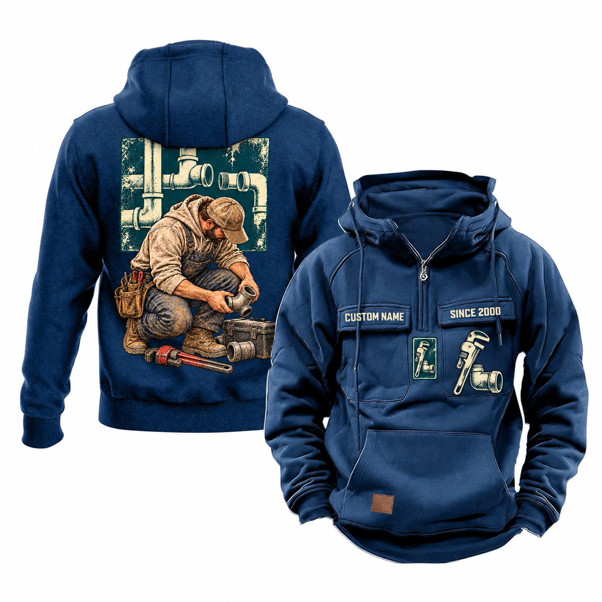 Plumber Ready Every Day Portrait Vintage Hoodie in Dark Blue, front and back views with sample text CUSTOM NAME and SINCE 2000, chest tool emblems and kneeling plumber back artwork.