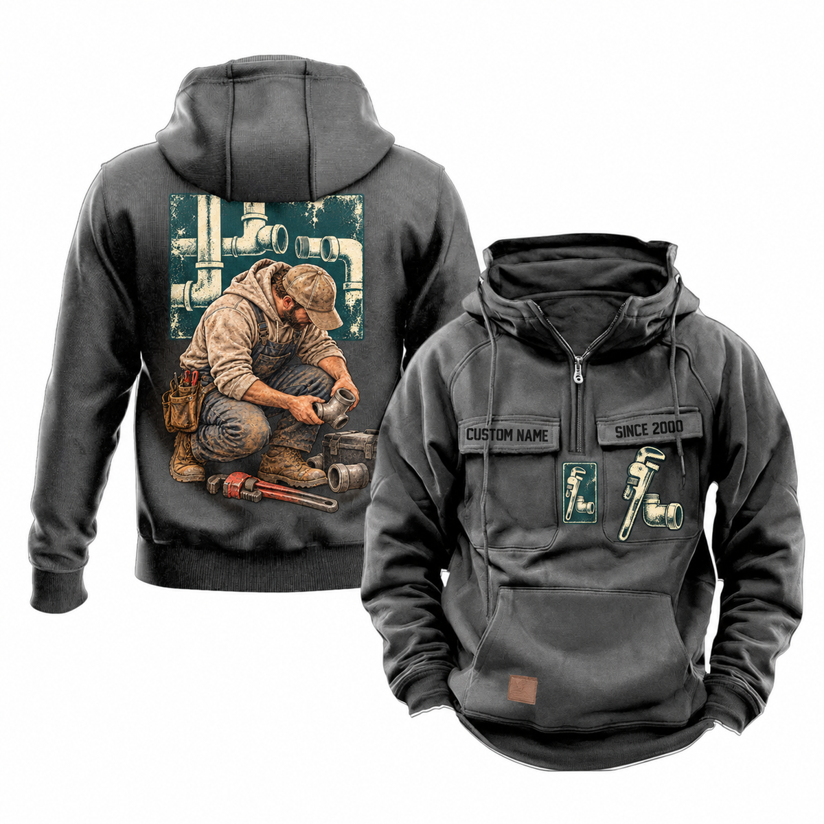 Plumber Ready Every Day Portrait Vintage Hoodie in Dark Gray, front and back views with sample text CUSTOM NAME and SINCE 2000, chest tool emblems and kneeling plumber back artwork.