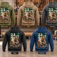 Five complete back views of Plumber Ready Every Day Portrait Vintage Hoodies in Military Green, Kaki, Dark Gray, Black and Dark Blue, with kneeling plumber artwork in an organized plumbing workshop.