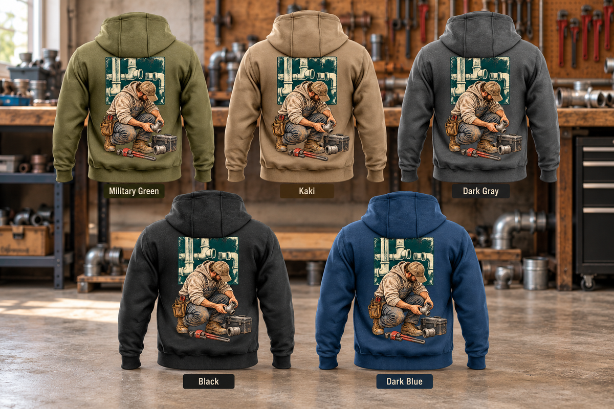 Five complete back views of Plumber Ready Every Day Portrait Vintage Hoodies in Military Green, Kaki, Dark Gray, Black and Dark Blue, with kneeling plumber artwork in an organized plumbing workshop.