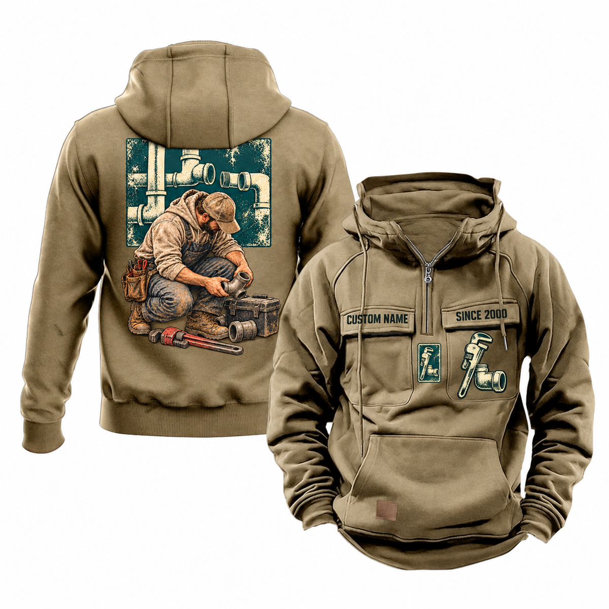 Plumber Ready Every Day Portrait Vintage Hoodie in Kaki, front and back views with sample text CUSTOM NAME and SINCE 2000, chest tool emblems and kneeling plumber back artwork.