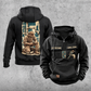 Plumber Workday Portrait Vintage Hoodie in Black, front and back views with sample text CUSTOM NAME and SINCE 2000, chest wrench emblems and a tall kneeling-plumber back panel.