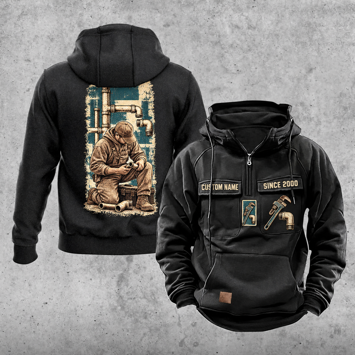 Plumber Workday Portrait Vintage Hoodie in Black, front and back views with sample text CUSTOM NAME and SINCE 2000, chest wrench emblems and a tall kneeling-plumber back panel.