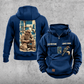 Plumber Workday Portrait Vintage Hoodie in Dark Blue, front and back views with sample text CUSTOM NAME and SINCE 2000, chest wrench emblems and a tall kneeling-plumber back panel.