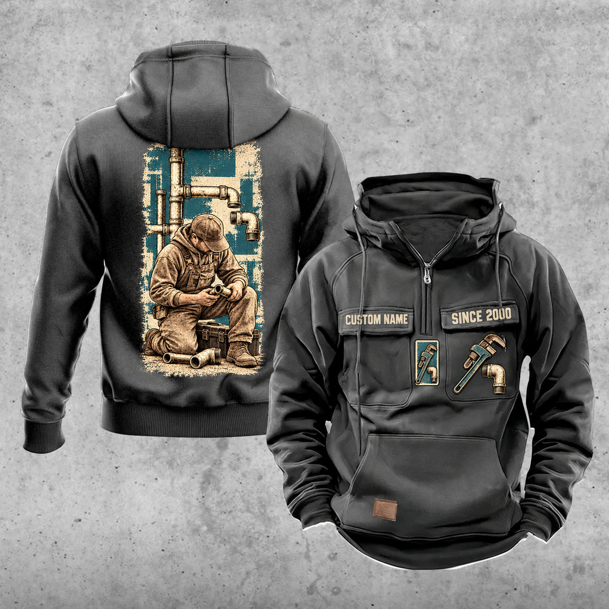 Plumber Workday Portrait Vintage Hoodie in Dark Gray, front and back views with sample text CUSTOM NAME and SINCE 2000, chest wrench emblems and a tall kneeling-plumber back panel.