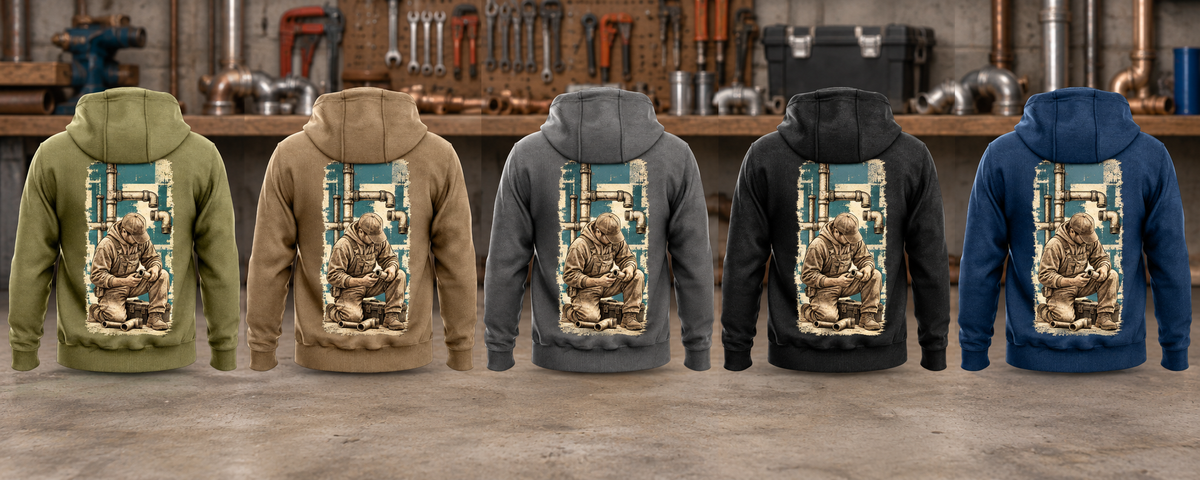 Five separated back views of the Plumber Workday Portrait Vintage Hoodie in Military Green, Kaki, Dark Gray, Black and Dark Blue against an organized plumbing workbench.