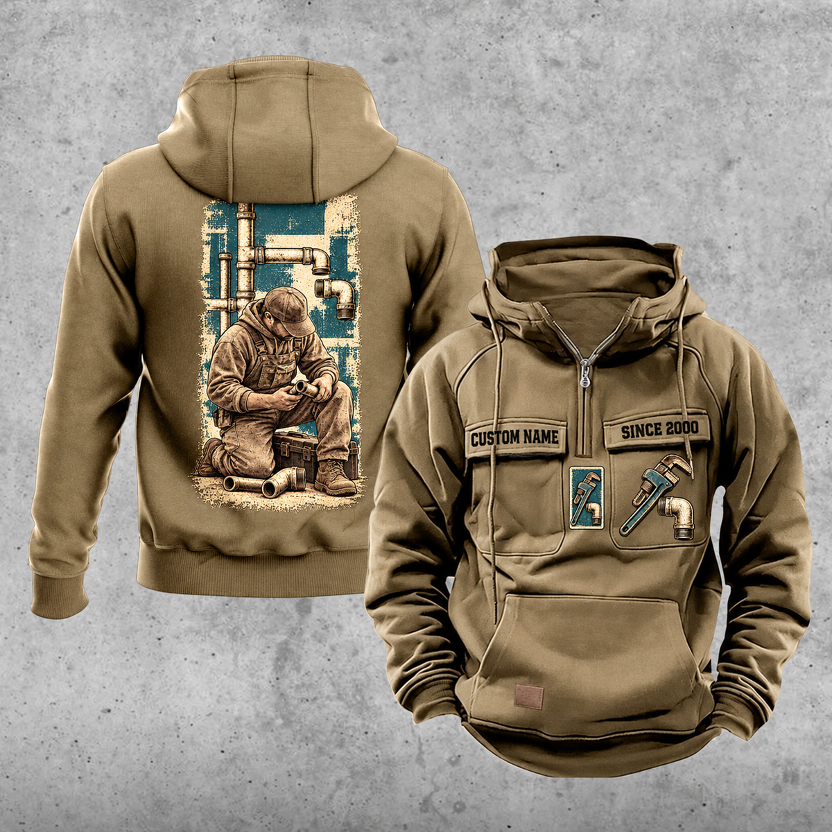 Plumber Workday Portrait Vintage Hoodie in Kaki, front and back views with sample text CUSTOM NAME and SINCE 2000, chest wrench emblems and a tall kneeling-plumber back panel.
