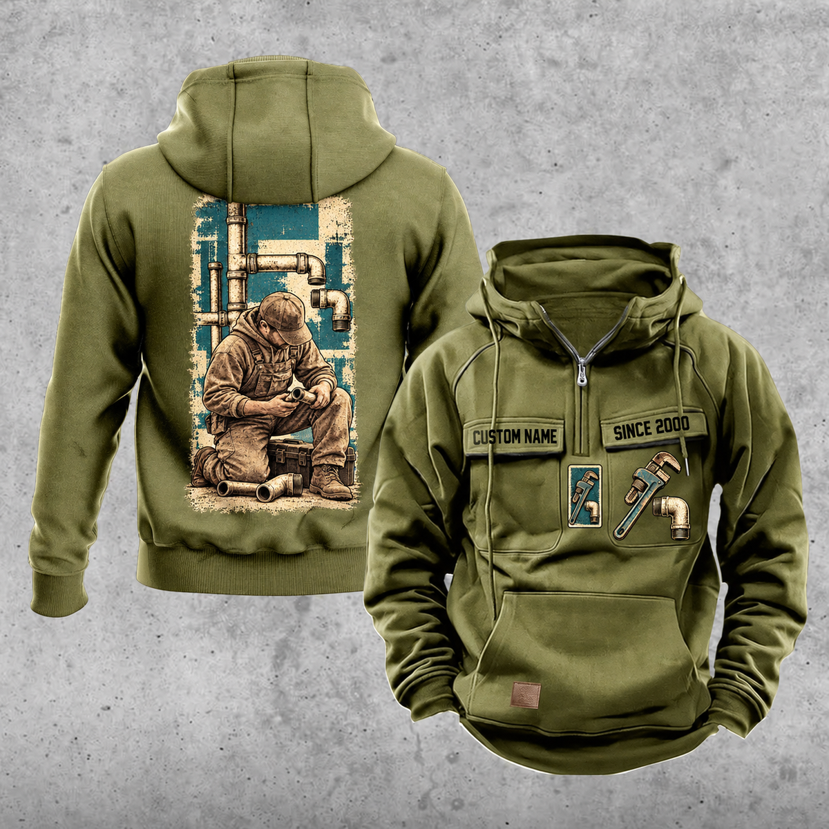 Plumber Workday Portrait Vintage Hoodie in Military Green, front and back views with sample text CUSTOM NAME and SINCE 2000, chest wrench emblems and a tall kneeling-plumber back panel.