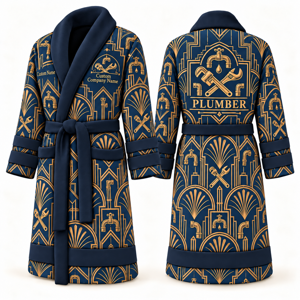 Personalized Plumber Bathrobe - Art Deco Craft blue front and back view