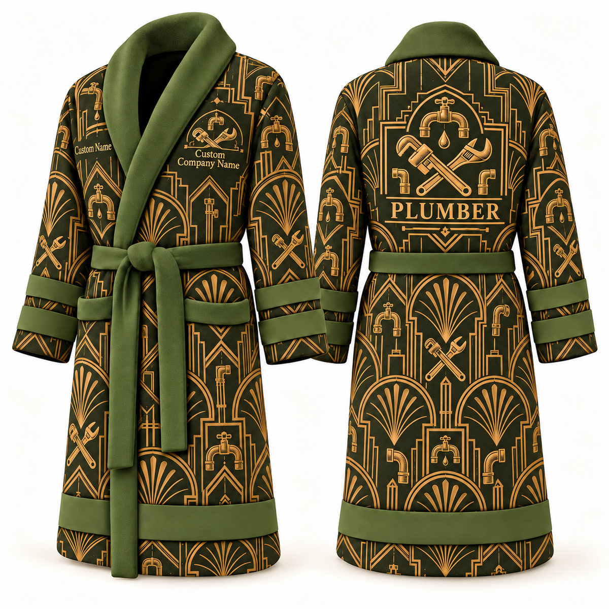 Personalized Plumber Bathrobe - Art Deco Craft olive front and back view