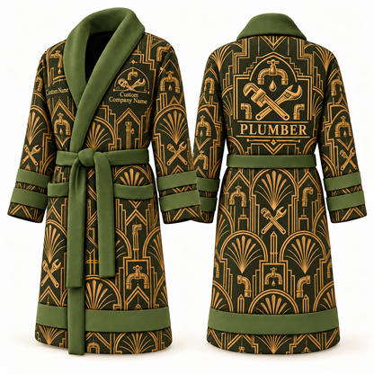 Personalized Plumber Bathrobe - Art Deco Craft olive front and back view