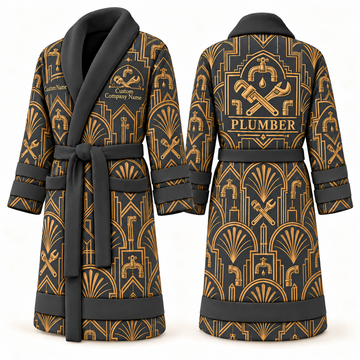 Personalized Plumber Bathrobe - Art Deco Craft slate front and back view