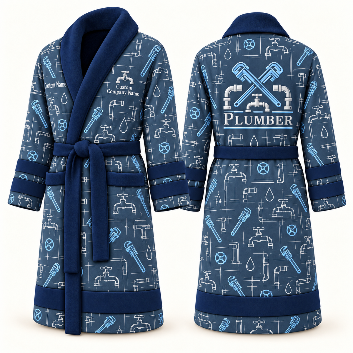 Personalized Plumber Bathrobe blue front and back