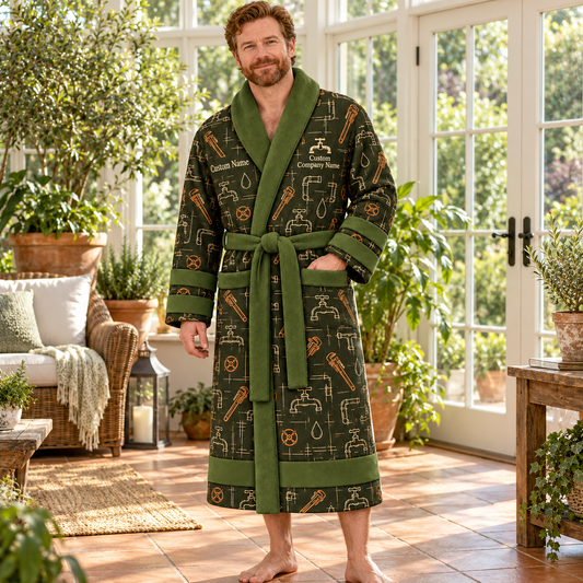 Personalized Plumber Bathrobe Olive worn at home