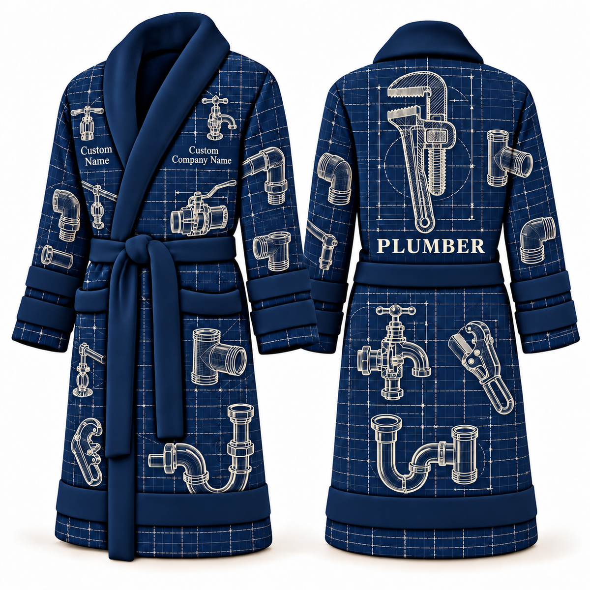 Personalized Plumber Bathrobe - Blueprint Workshop blue front and back view